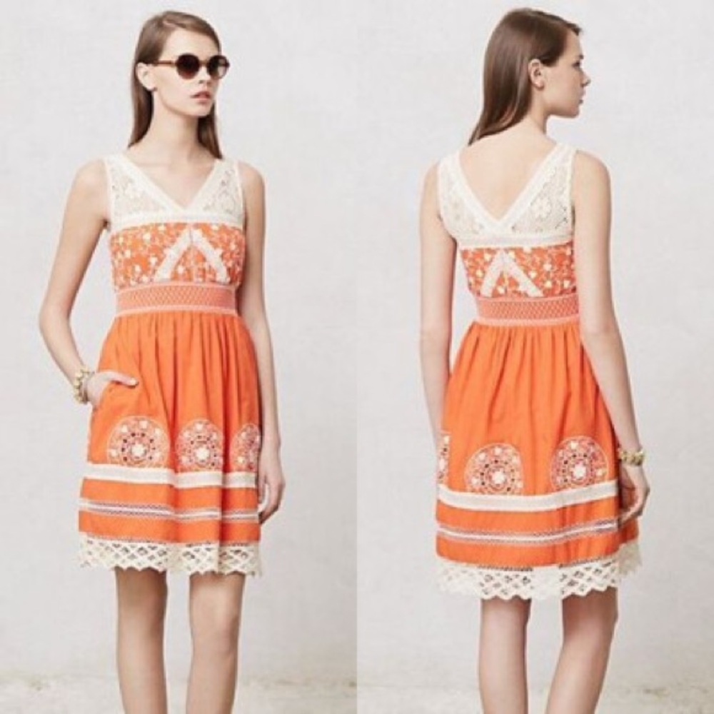 Anthropologie Moulinette Soeurs Orange Cream embroidered Sundress Sleeveless 6 - Picture 10 of 11